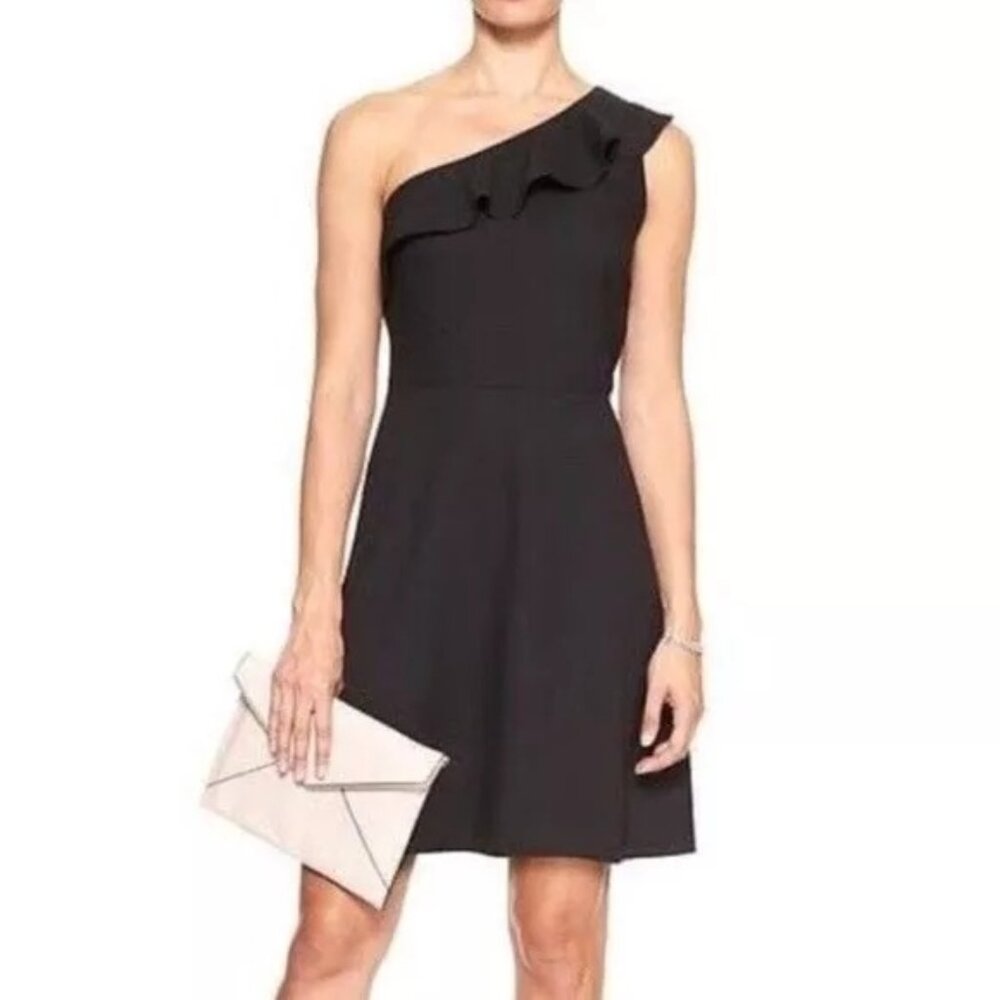 NWT Banana Republic Womens Size 10 Black One Shoulder Ruffle Mini Dress NEW
